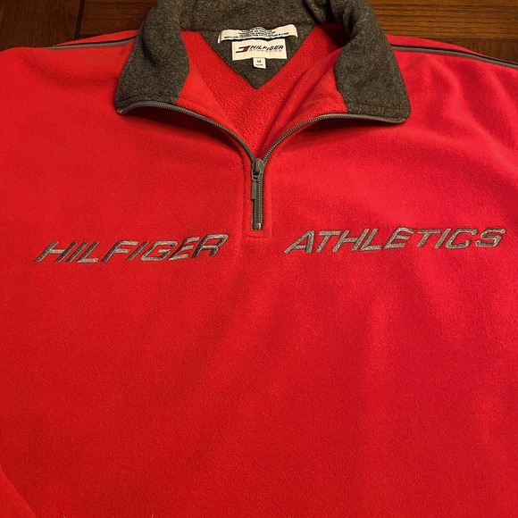 Vtg 90s Y2K Tommy Hilfiger Spellout Fleece Pullover Red 1/4 zip Medium Athletics - Picture 1 of 10